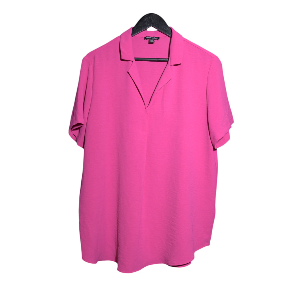 Hilary Radley Blouse Fuschia Collared Short Sleeve Lagenlook Barbiecore Sz L EUC